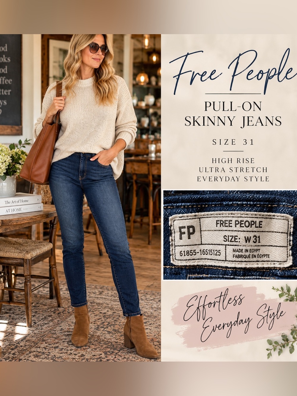 Free People Pull On Skinny Jeans W31 Dark Wash High Rise Stretch Denim